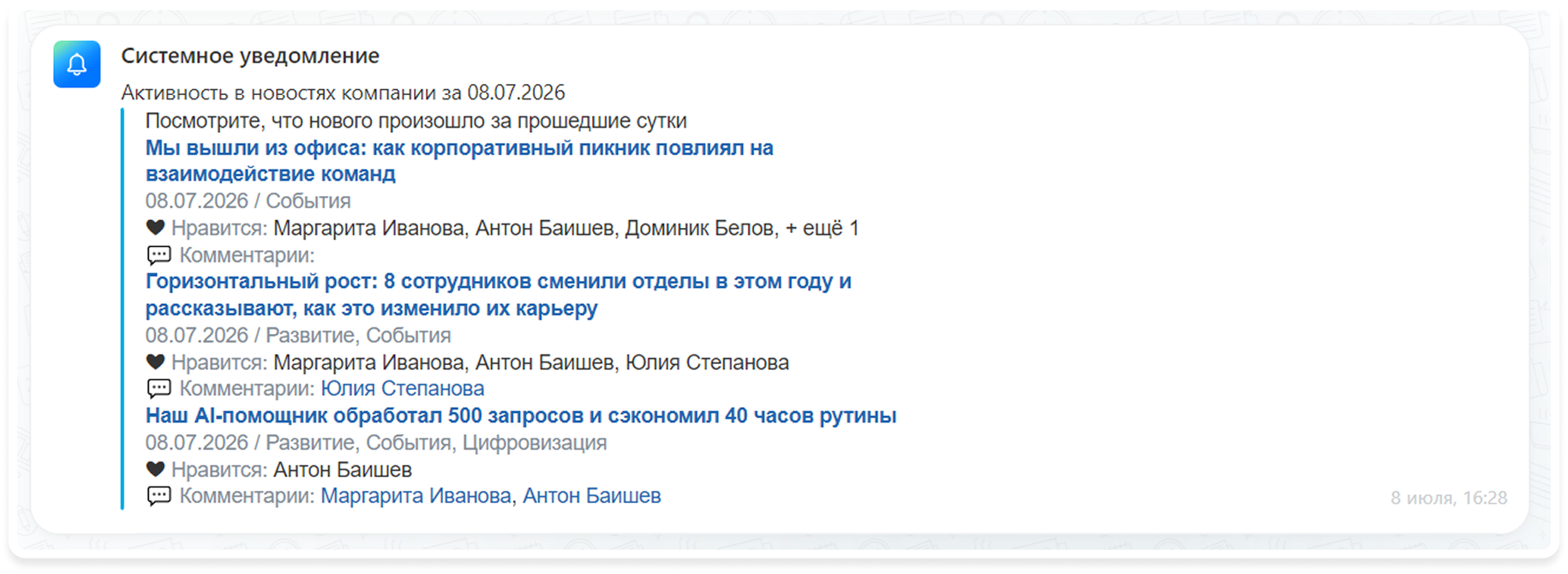 Сводки об активности коллег — уведомление